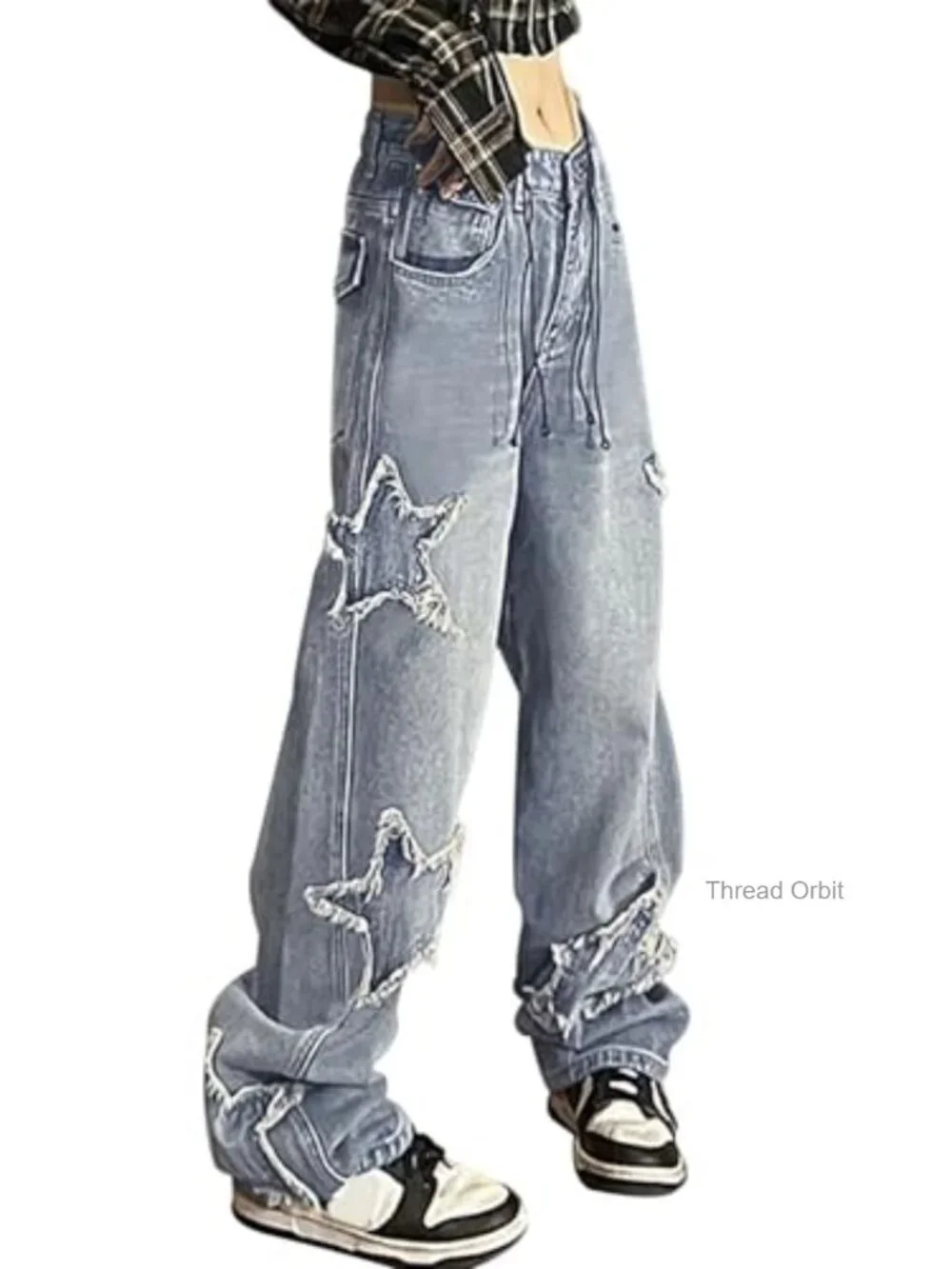 Y2K Baggy Jeans Star Patchwork High Waist Grunge Straight Leg Denim Cargo